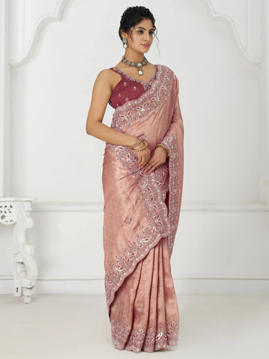 Gorgeous Pink Viscose Silk Sequins Work Engagement Wear Saree